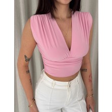 Medi Giyim Kadın Vatkalı Kolsuz V Yaka Drapeli Crop Bluz Likralı Fit - Pembe
