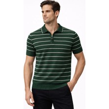 Erkek Triko Polo Yaka Fermuarlı Çizgili Tişört T-Shirt Yazlık Şık - Yeşil