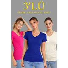 Medi Giyim Kadın V Yaka Tişört Kısa Kol Slim Fit T-Shirt 3'lü Set Pembe-Saks Mavi-Ekru