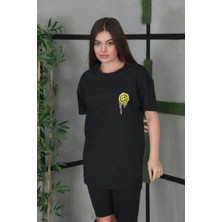Kadın Bisiklet Yaka Baskılı  Kısa Kol Oversize T-Shirt - Siyah