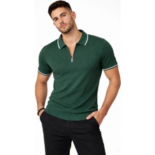 Erkek Yazlık Dokuma Triko Tişört Fermuarlı Polo Yaka Kısa Kol T-Shirt - Yeşil