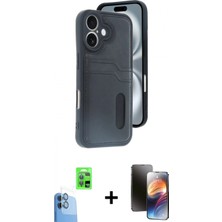 Pileli Store Pilelistore™ iPhone 16 Kılıf Yörünge Işık Serisi - Siyah 3D Antistatik Mat Seramik Nano Ekran Koruyucu + Raze Metal Kamera Lens - Lt