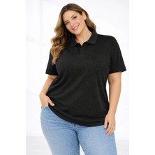 Medi Giyim Kadın Battal Beden Tişört Polo Yaka Pike Kumaş Kısa Kol T-Shirt - Siyah