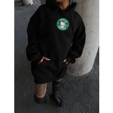 Kadın Oversize Kapüşonlu Kanguru Cepli Baskılı 3 Iplik Pamuklu Sweatshirt Hoodie -   Siyah
