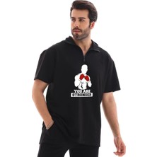 Medi Giyim Erkek Yarım Fermuarlı Oversize Baskılı T-Shirt - Siyah