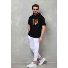Erkek Kapüşonlu Kısa Kol Oversize Baskılı T-Shirt - Siyah