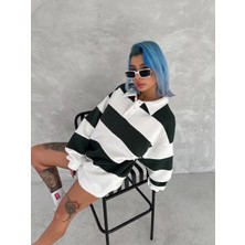 Medi Giyim Kadın 3 Iplik Pamuklu Parçalı Yakalı Sweatshirt - Yeşil