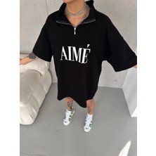 Medi Giyim Kadın Yarım Fermuarlı Tişört Baskılı T-Shirt - Siyah