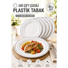 Open Home Concept 6'lı Set I Gri Çift Çizgili 26 cm Plastik Tabak Porselen Görünümlü Davet ve Misafir Sofraları