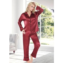 QKK Ekru Biyeli Saten Pijama Takımı