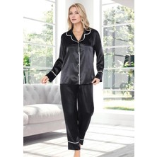 QKK Siyah Biyeli Saten Pijama Takımı