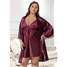 QKK Büyük Beden Saten Gecelik Sabahlık Takımı - Mürdüm Dantel Detaylı 2'li Plus Size