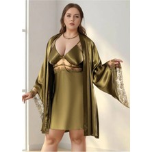 QKK Büyük Beden Saten Gecelik Sabahlık Takımı - Haki Yeşili Dantel Detaylı 2'li Plus Size Set