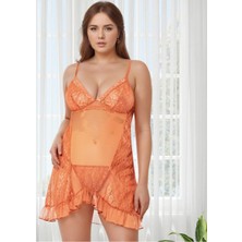 QKK Kadın Tarçın Büyük Beden Dantel Gecelik - Volan Etekli Plus Size Fantezi Ev Giyimi