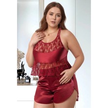 QKK Kadın Büyük Beden Bordo Saten Şortlu Pijama Takımı Sırtı Dantelli