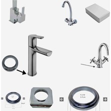 Lavabo Mutfak Batarya Musluk Alt Kapatma Rozeti 3'lü Set 1-Kare + 2 Yuvarlak 35 mm 40 mm Uyumlu Abs Krom Batarya Altı Bileziği