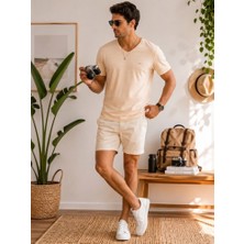 Stsahra  Erkek Sarı V Yaka Slim Fit T-Shirt