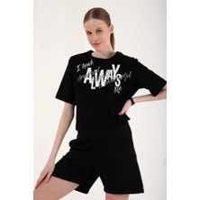 Stsahra  Kadın Siyah Baskılı Drop T-Shirt