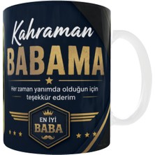 Duyfl Kişiye Özel Fotoğraflı Kahraman Babama Kupa Bardak, Babaya Hediye Lacivert Tasarımlı Porselen Kupa