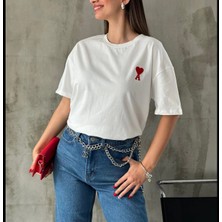 Medi Giyim Kadın Tişört Bisiklet Yaka Baskılı Oversize Kısa Kol T-Shirt - Beyaz