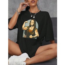 Medi Giyim Kadın Baskılı T-Shirt Kısa Kol Bisiklet Yaka Oversize Rahat Kalıp Tişört - Siyah