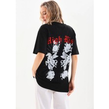 Medi Giyim Kadın Kısa Kol Yazlık Tişört Bisiklet Yaka Baskılı Oversize T-Shirt - Siyah