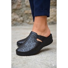 Shoemix Vely Kadın Siyah Hakiki Deri Sabo Comfort Lazer Kesim Günlük ve Ev Terliği