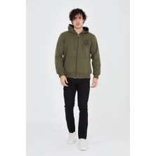 Medi Giyim Erkek 3 Iplik Pamuklu Fermuarlı Kapüşonlu Kanguru Cepli Baskılı Hoodie Hırka Sweatshirt - Yeşil