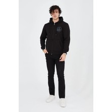 Medi Giyim Erkek 3 Iplik Pamuklu Fermuarlı Kapüşonlu Kanguru Cepli Baskılı Hoodie Hırka Sweatshirt - Siyah
