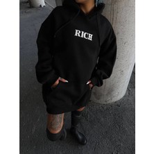 Medi Giyim Kadın Kapüşonlu Kanguru Cepli Sweatshirt 3 Iplik Pamuklu Baskılı Hoodie - Siyah