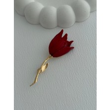 Trendy Chic Kırmızı Lale Tasarım Gold Broş