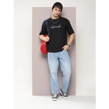 Medi Giyim Erkek Baskılı T-Shirt Kısa Kol Bisiklet Yaka Regular Fit Rahat Kalıp Tişört - Siyah