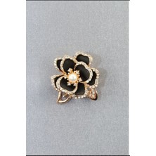 Trendy Chic Incili Kristal Taşlı Gold Siyah Çiçekli Kadın Yaka Iğnesi Broş