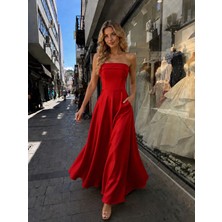 Gökkuşağı Moda Kırmızı Straplez Sırttı Bağcıklı A Kesim Cep Detaylı Uzun Abiye Elbise