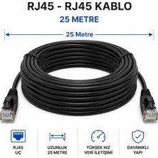 RJ45 - RJ45 Ethernet Patch Kablo 25 Metre Siyah Ağ Kablosu Modem Router Switch Ip Kamera Uyumlu