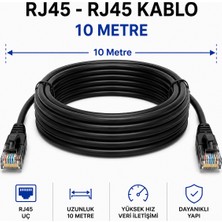 RJ45 - RJ45 Ethernet Patch Kablo 10 Metre Siyah Ağ Kablosu Modem Router Switch Ip Kamera Uyumlu