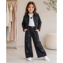 Mavi Boncukk Kız Çocuk Kalp Detaylı Siyah Denim Ceket Pantolon ve Beyaz Tişört 3’lü Takım