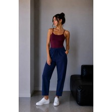 Vadon 1019 Kadın %100 Pamuk Gabardin Lastikli Bel Havuç Kesim Pantolon Lacivert
