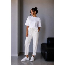 Vadon 1019 Kadın %100 Pamuk Gabardin Lastikli Bel Havuç Kesim Pantolon Beyaz