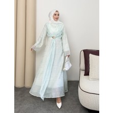 Mihran Butik Silk Model Kemerli Bilek Büzgü Desen Detaylı Kadın Elbise
