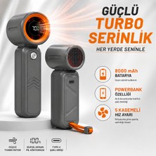 Smayling Taşınabilir Turbo El Vantilatörü, 8000 Mah Şarjlı Mini Fan, Dijital Ekranlı, 5 Kademeli Hız Ayarlı, Dahili Type-C Kablolu, Powerbank Özellikli, Seyahat ve Ofis Için