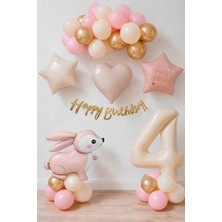 Patladı Gitti Pembe Tavşanlı 4 Yaş Doğum Günü Balon Seti 30 Adet Folyo ve Lateks Balonlar Pembe Gold Renk Temalı