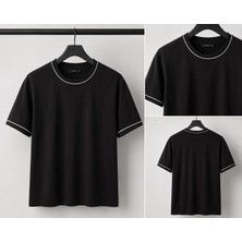 Parkur Erkek Şerit Detaylı Bisiklet Yaka Kısa Kol Siyah T-Shirt