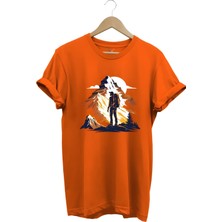 Tagon Mountain Dağ Yürüyüşü ve Kar Manzara Baskılı %100 Pamuk Unisex Regular Fit Turuncu T-Shirt