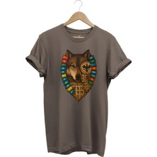 Tagon Göktürk Alfabeli ve Türk Devletleri Bayrakları Baskılı %100 Pamuk Regular Fit Kahverengi Bozkurt T-Shirt