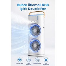 Seyutech Buhar Üflemeli Çift Pervaneli Masaüstü Fan Hava Nemlendiricili Şarjlı Su Püskürtmeli RGB Işıklı Dönebilen Başlıklı 3 Kademeli Serinletici Vantilatör