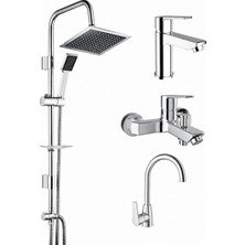 Kale Mare Banyo Lavabo Mutfak Batarya Takımı + Tema 53260 Rain Quadro Paslanmaz Tepe Duş Seti