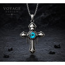 Voyage Accessory Paslanmaz Çelik Mavi Cam Göz Detaylı Gotik Haç Kolye