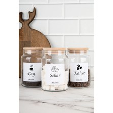 DNS Home 3'lü Ahşap Vakum Kapaklı Çay Şeker Kahve Etiketli Saklama Kabı Cam Kavanoz 800 ml