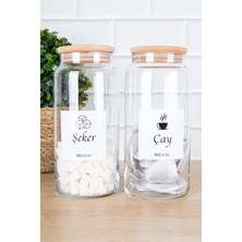 DNS Home 2'li Ahşap Vakum Kapaklı Etiketli Çay Şeker Saklama Kabı Cam Kavanoz 1300 ml